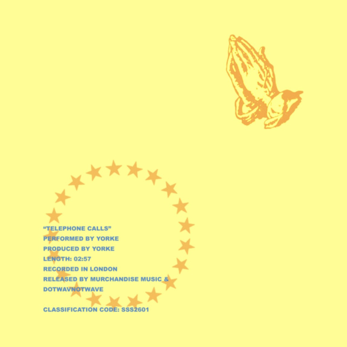Telephone Calls cover art: yellow, with orange praying hands and a ring of stars around the track credits
